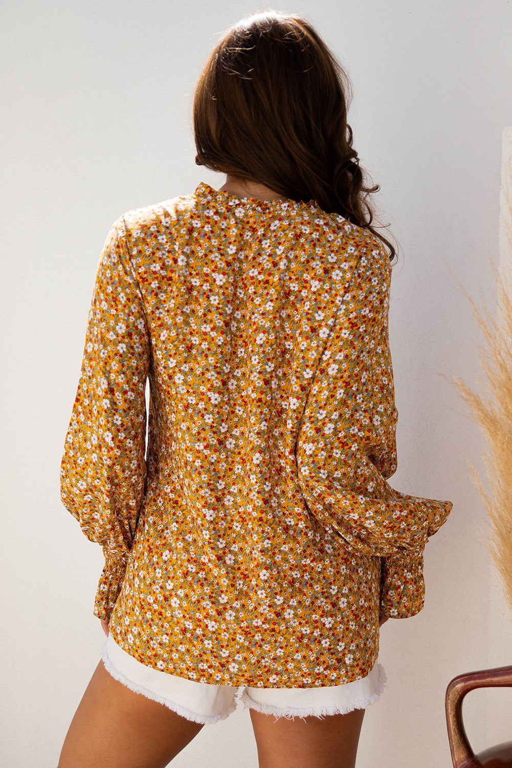 Ruffled Boho Floral Bubble Sleeve V-Neck Fall Blouse