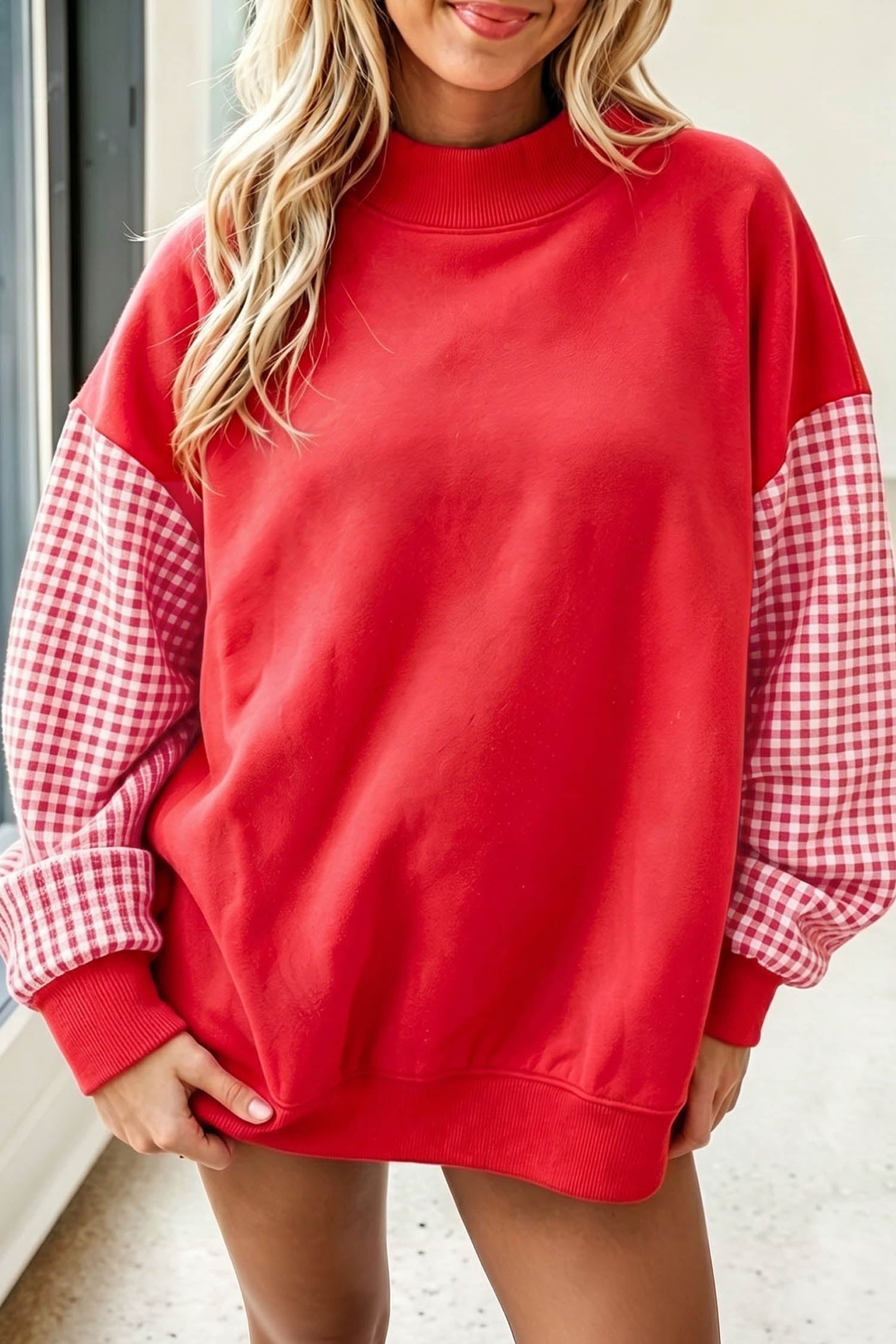 Plaid Loose Sleeve Colorblock Tunic Sweatshirt in Fiery Red