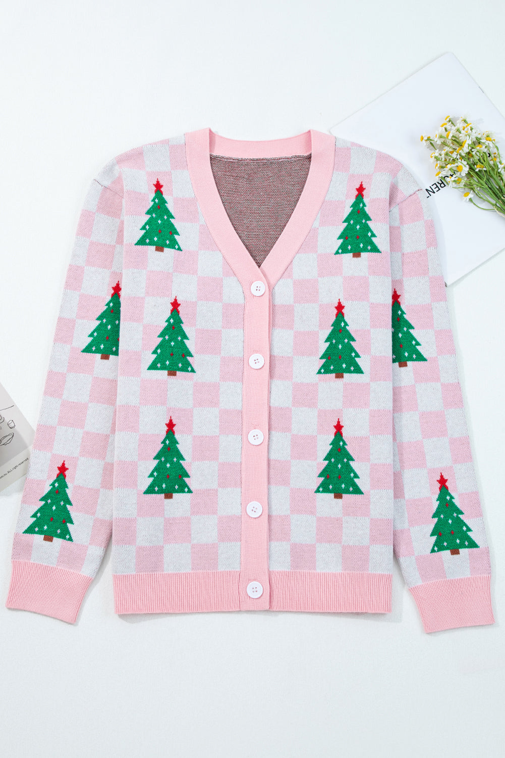 Checkered Christmas Tree Pattern Button V-Neck Cardigan Knit Top