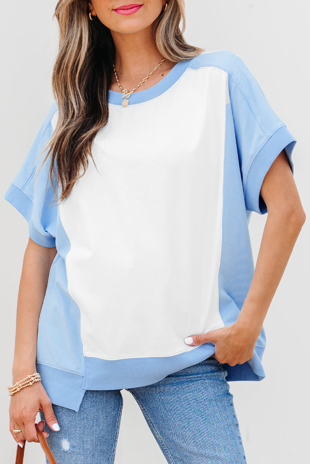 Color Block Exposed Seam Crew Neck T Shirt