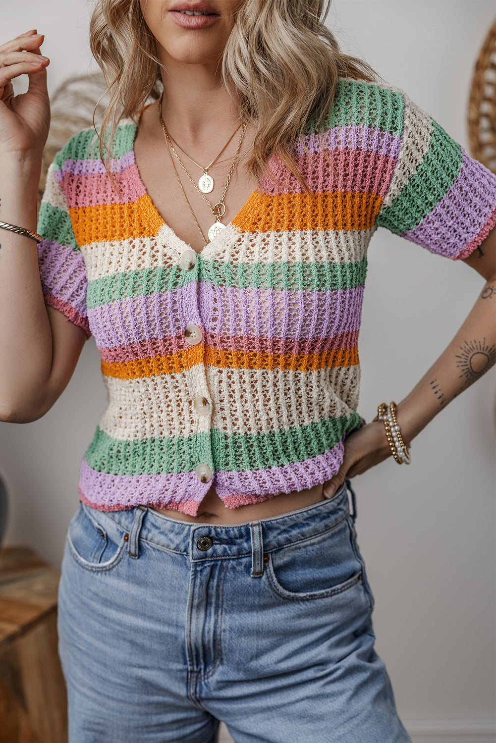 Pointelle Colorblock Striped Knit V-Neck Button-Front Crop Short-Sleeved Knit Top