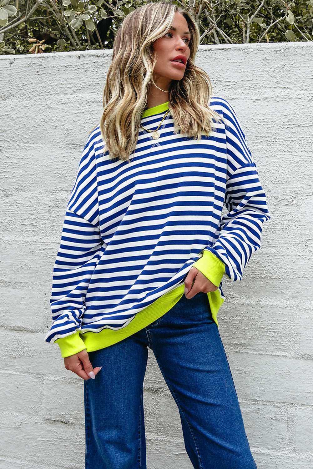 Striped Contrast Rib-Knit Trim Crossed Stitch Drop-Shoulder Sweatshirt Style