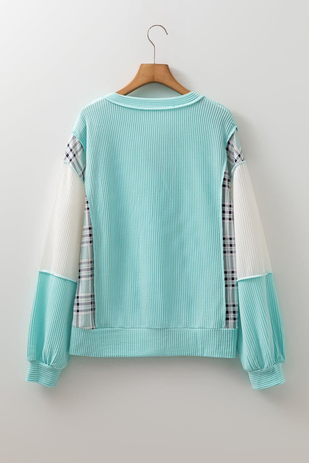 Aruba Blue Colorblock Patchwork Split Neck Long-Sleeved Top