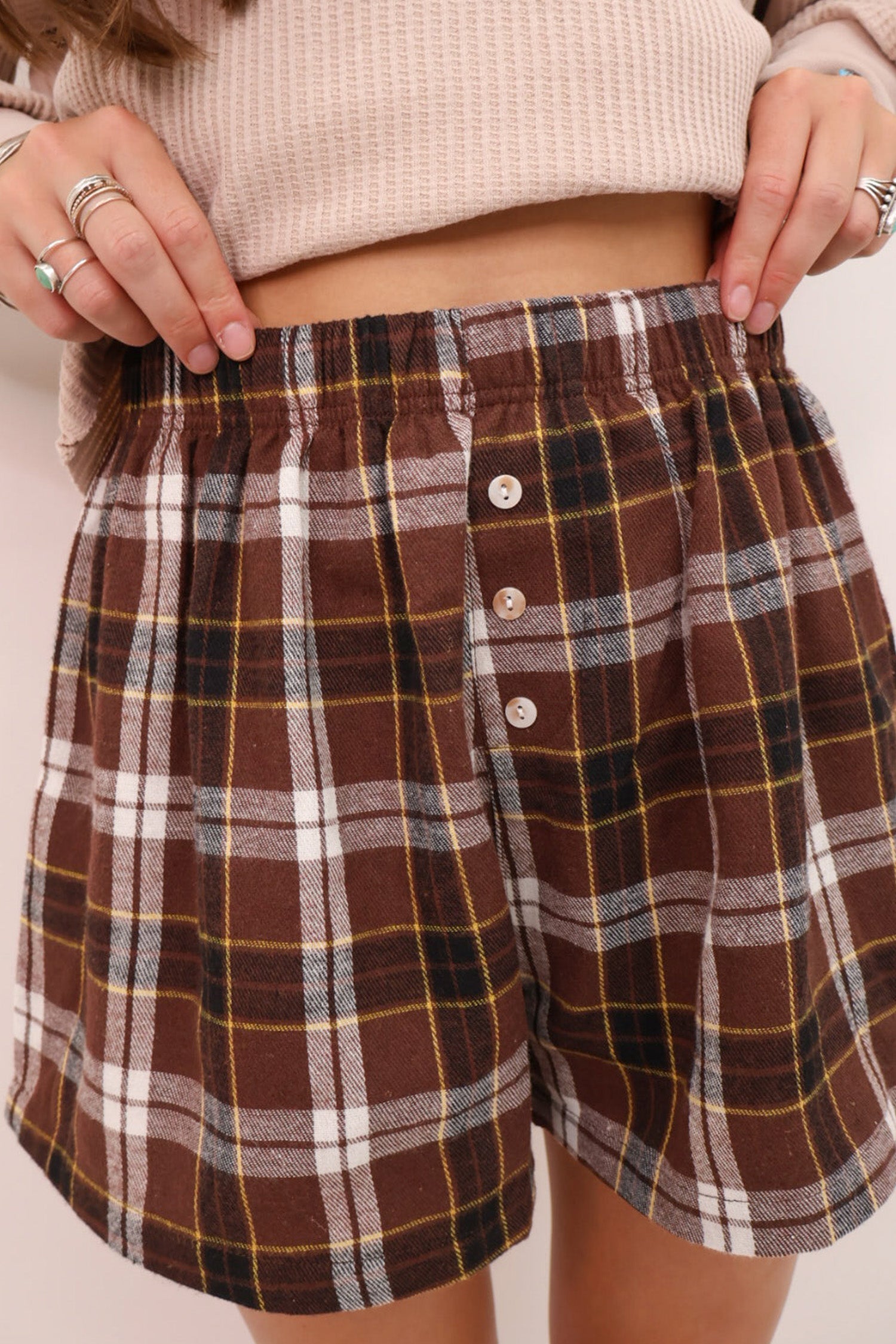 Button Front Plaid Front Elastic Waist Shorts in Brown