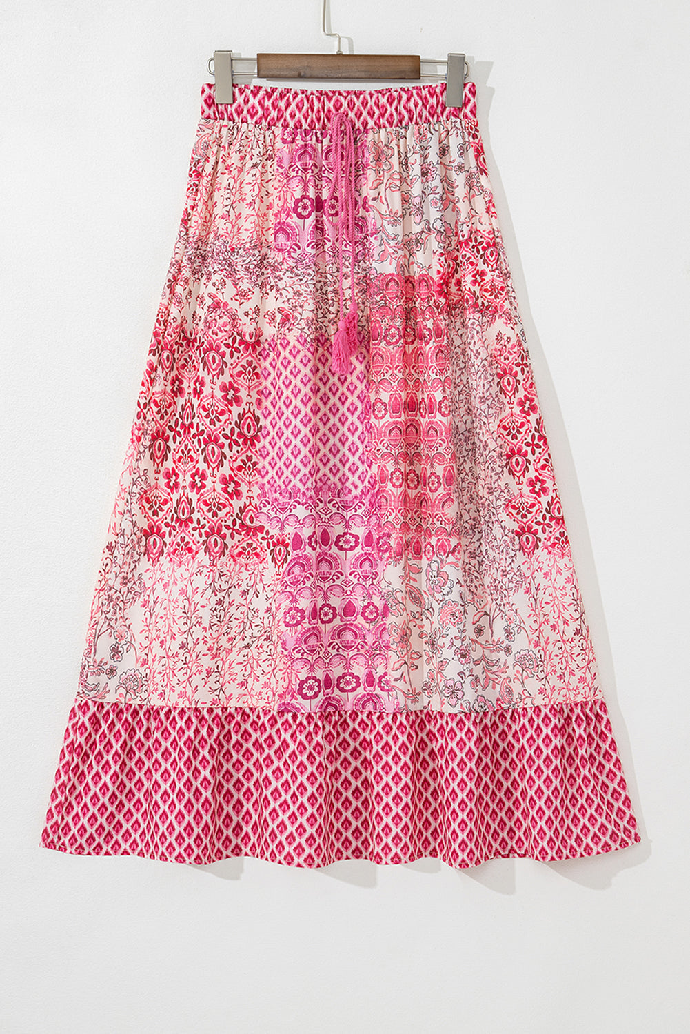 Boho Tassel Pattern Print Drawcord Elastic Waistband Maxi Skirt in Red