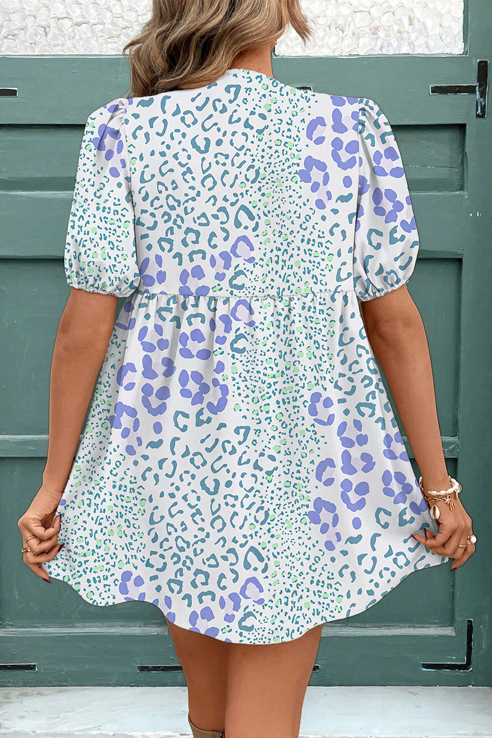 Bow Leopard Contrast Puff Sleeve Mini Dress