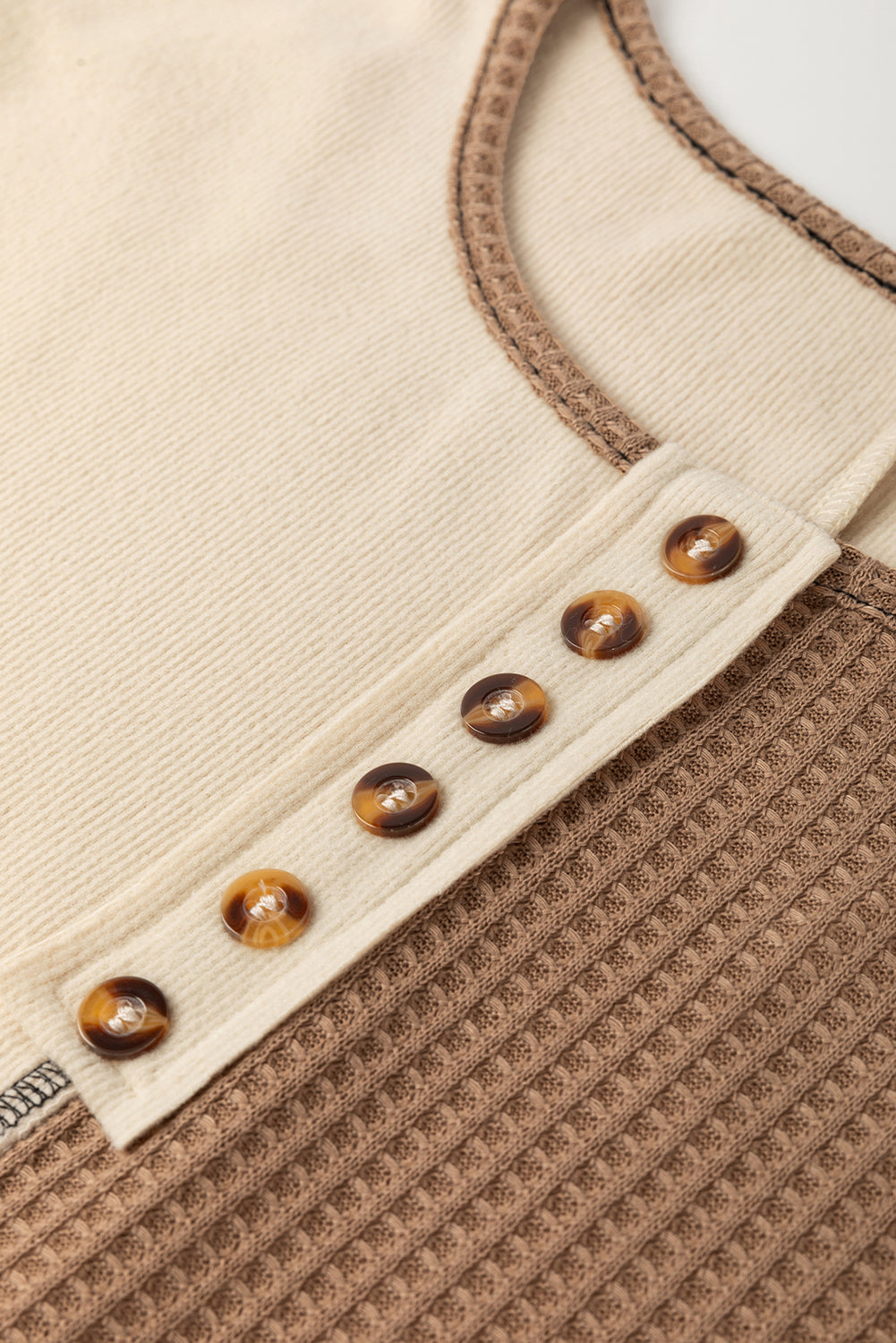 Waffle Knit Colorblock Knit Stitch Detail Long-Sleeved Top in Beige