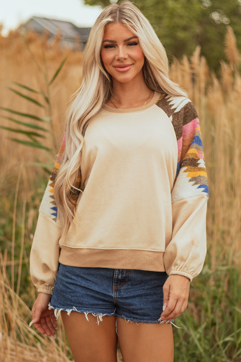 Aztec Patchwork Raglan Pullover Sweatshirt