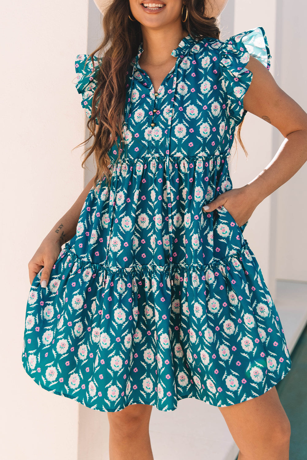 Retro Floral Print Split Neck Ruffle Short Sleeve Dress
