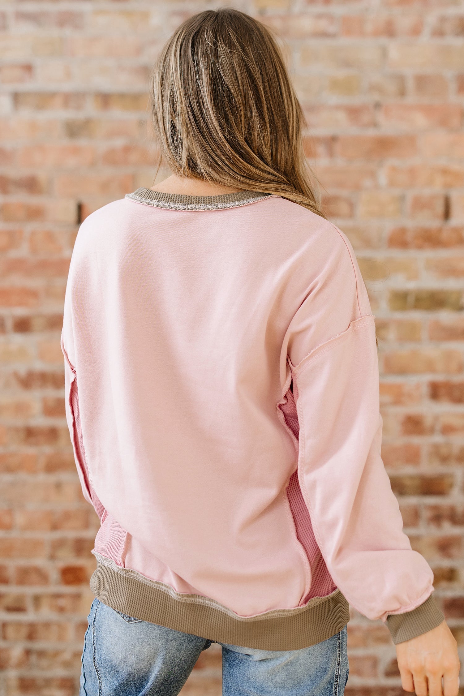 Colorblock Waffle Mix Texture Patchwork Oversize Sweatshirt