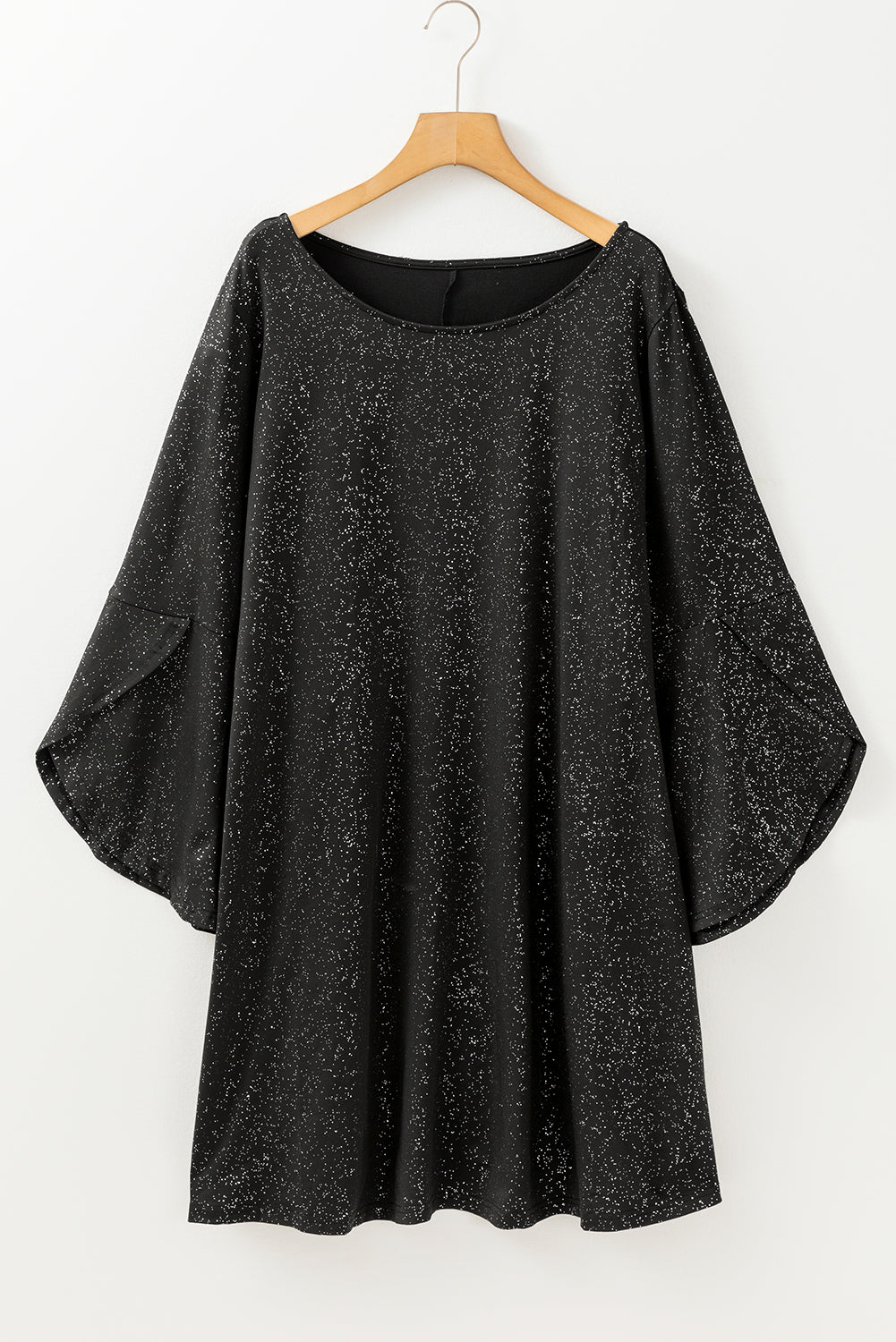 Plus Size Glitter Metallic Bell Sleeve Round Neck Mini Dress