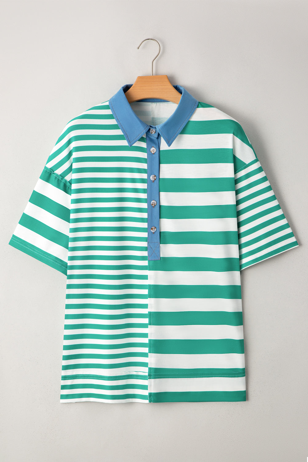 Green Stripe Collar Half Buttons T Shirt