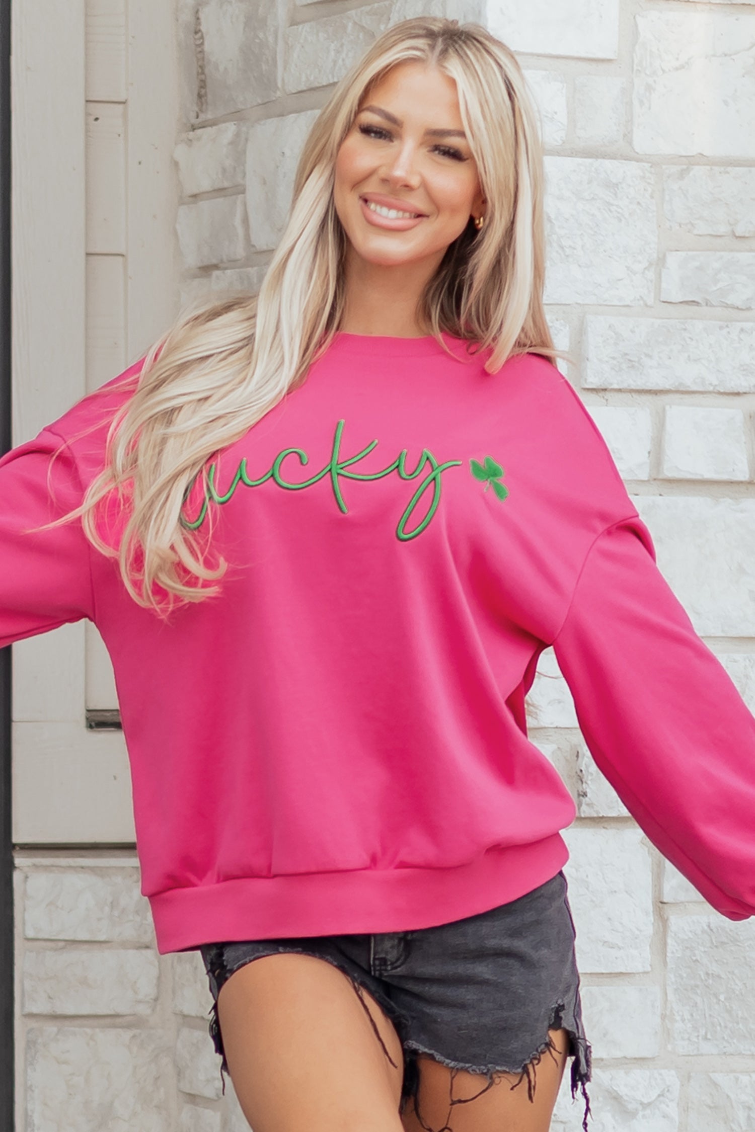 Embroidered Lucky Clover Loose Pullover Sweatshirt in Rose Red