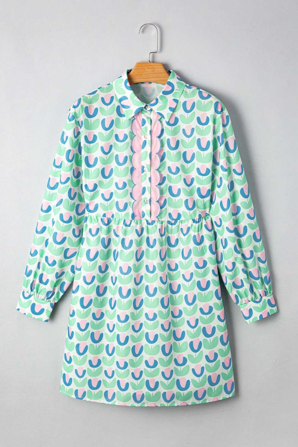 Floral-Print Scalloped Notched Neck Detail Long-Sleeved Mini Dress