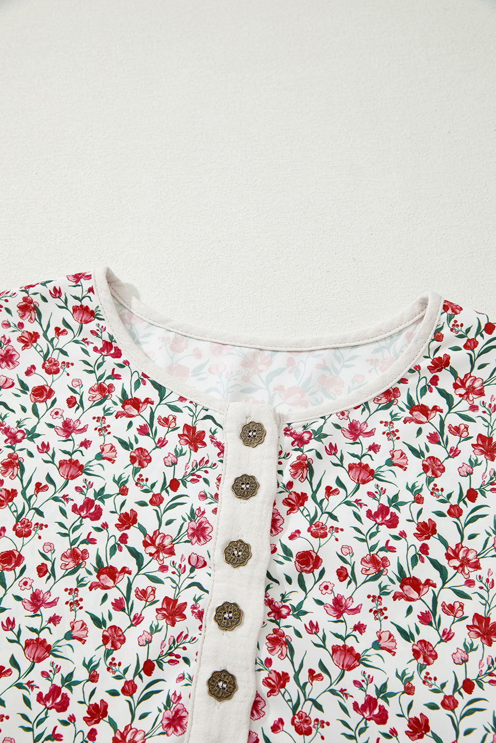 Patchwork Floral-Print Gauze Henley Button 3/4 Sleeve Blouse