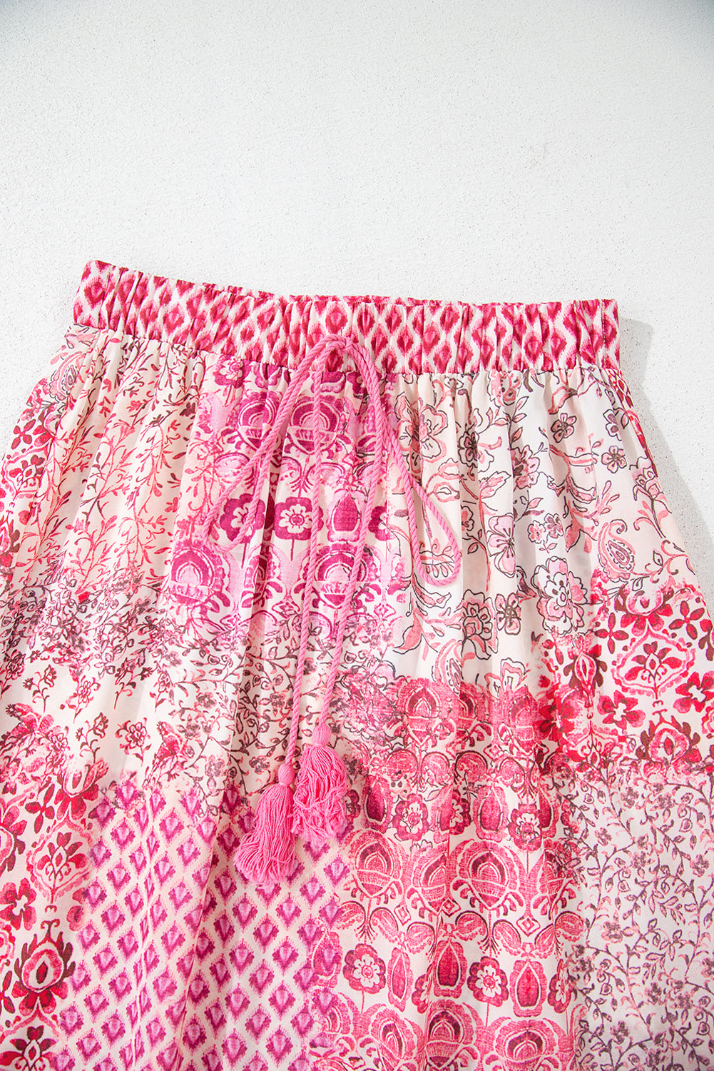 Boho Tassel Pattern Print Drawcord Elastic Waistband Maxi Skirt in Red