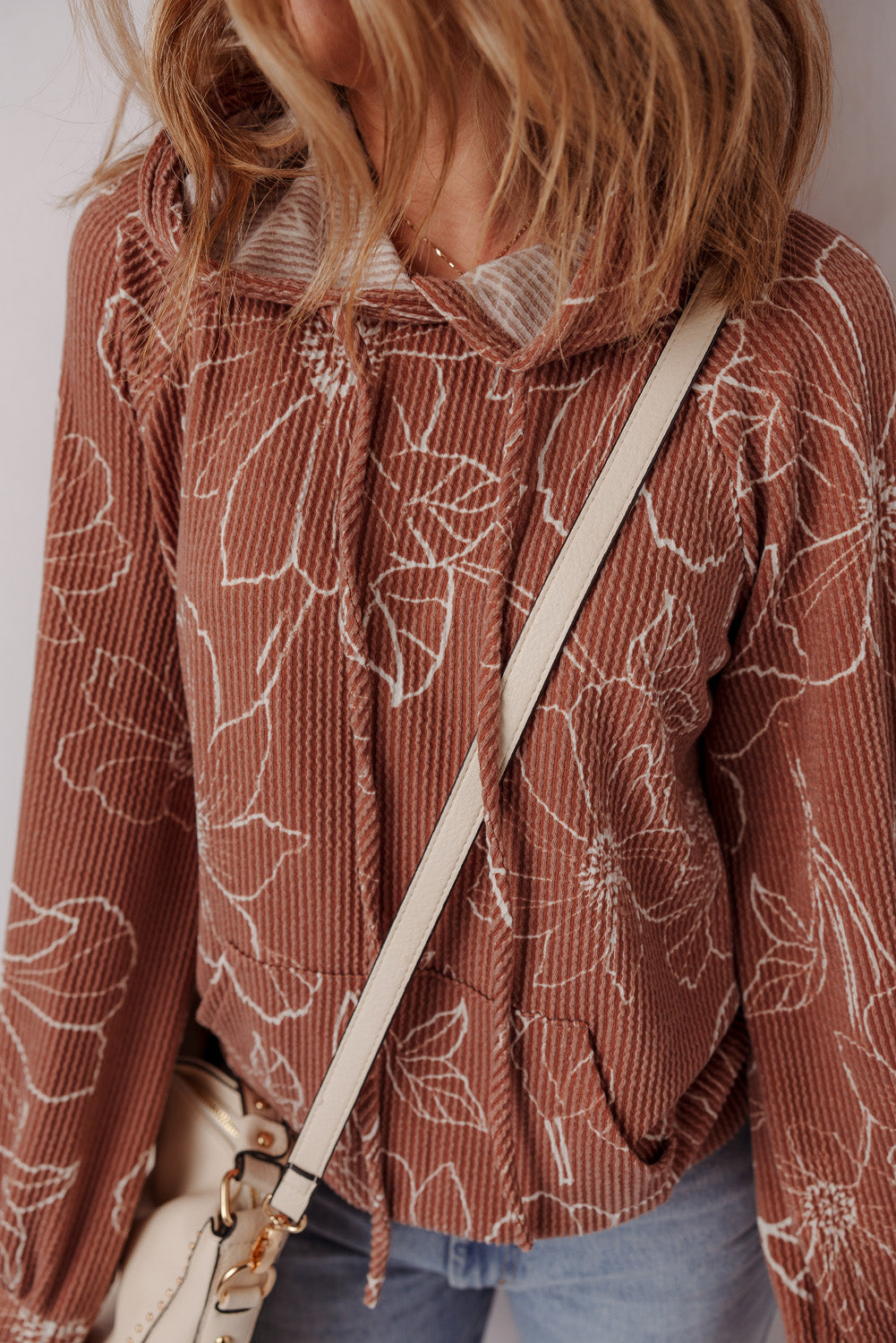 Rib Floral Twisted Drawcord Kangaroo Pocket Hoodie