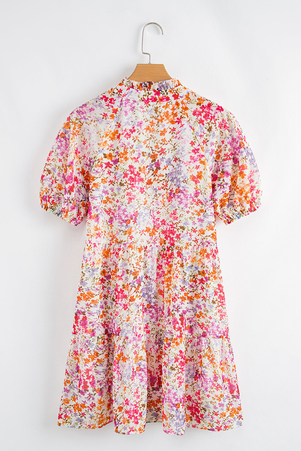 Floral Puff Sleeve Notched V Neck Tiered Mini Dress