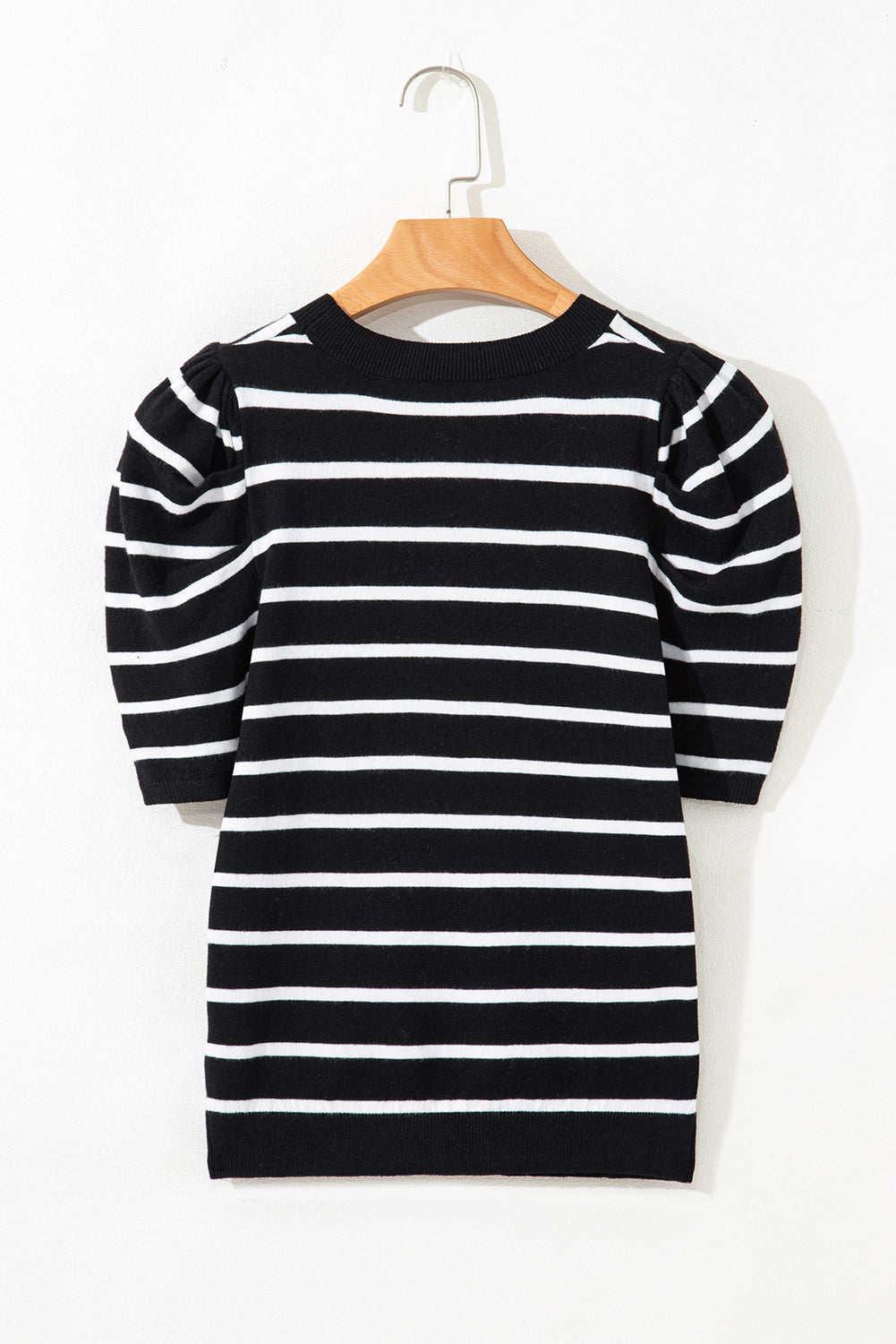 Trim Round-Neck Rib-Knit Round-Neck Bubble Sleeve Knit Top