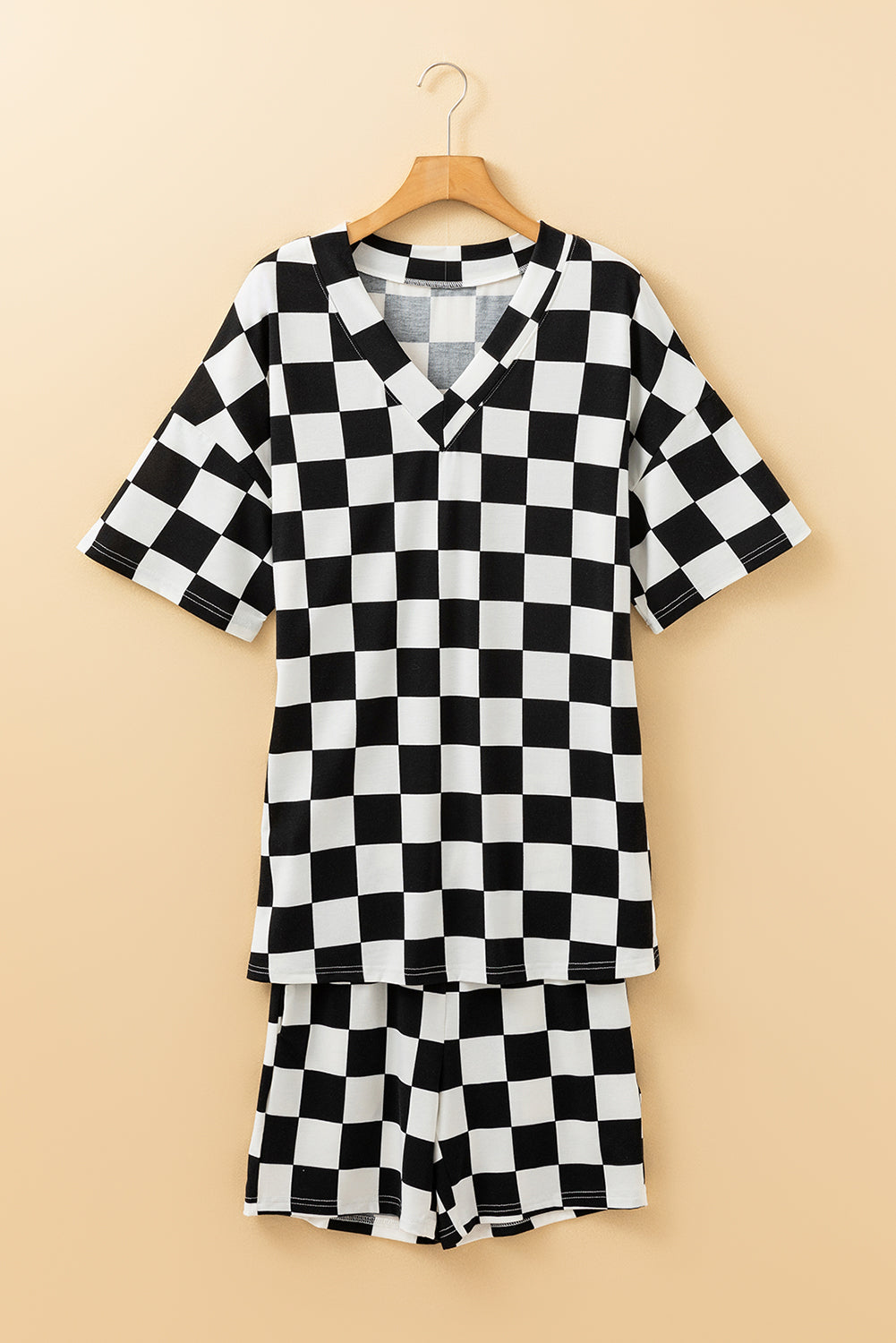 Print V-Neck Checkerboard V-Neck Loose Tee and Shorts Lounge Set
