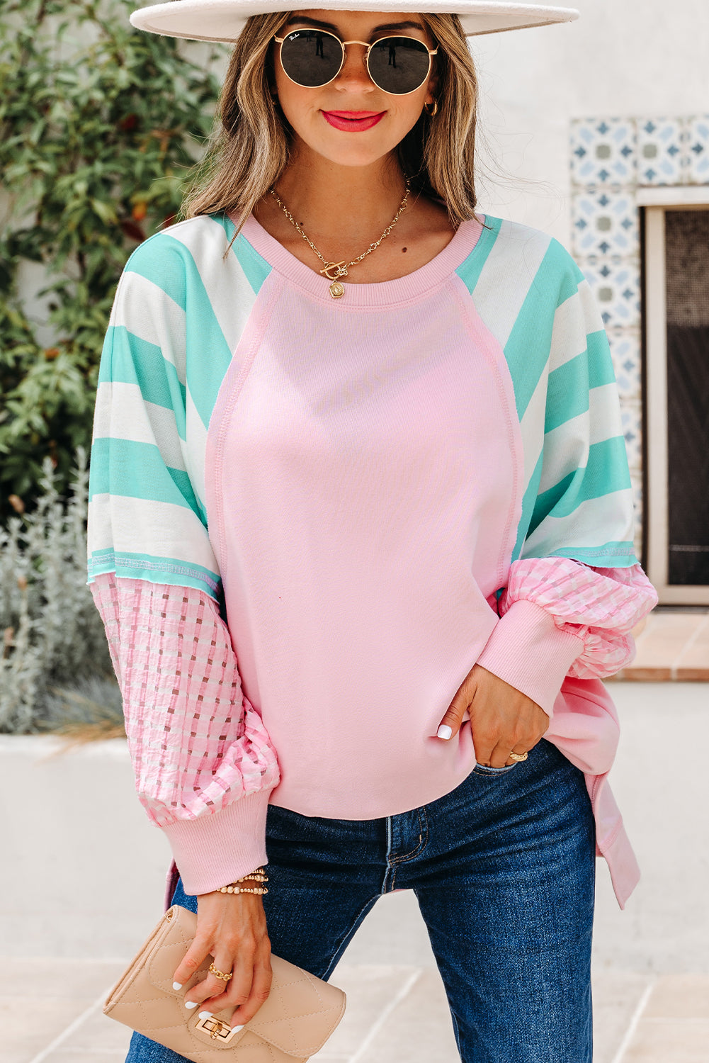 Striped Cute Pink Patchwork Raglan Pullover Top with Slits