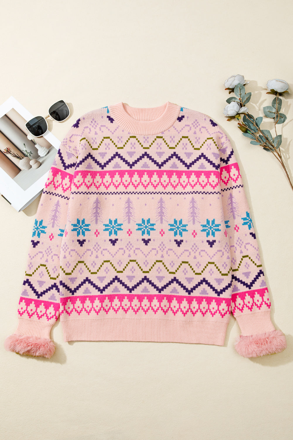 Ethnic Christmas Pattern Knit Feather Cuffed Knit Top