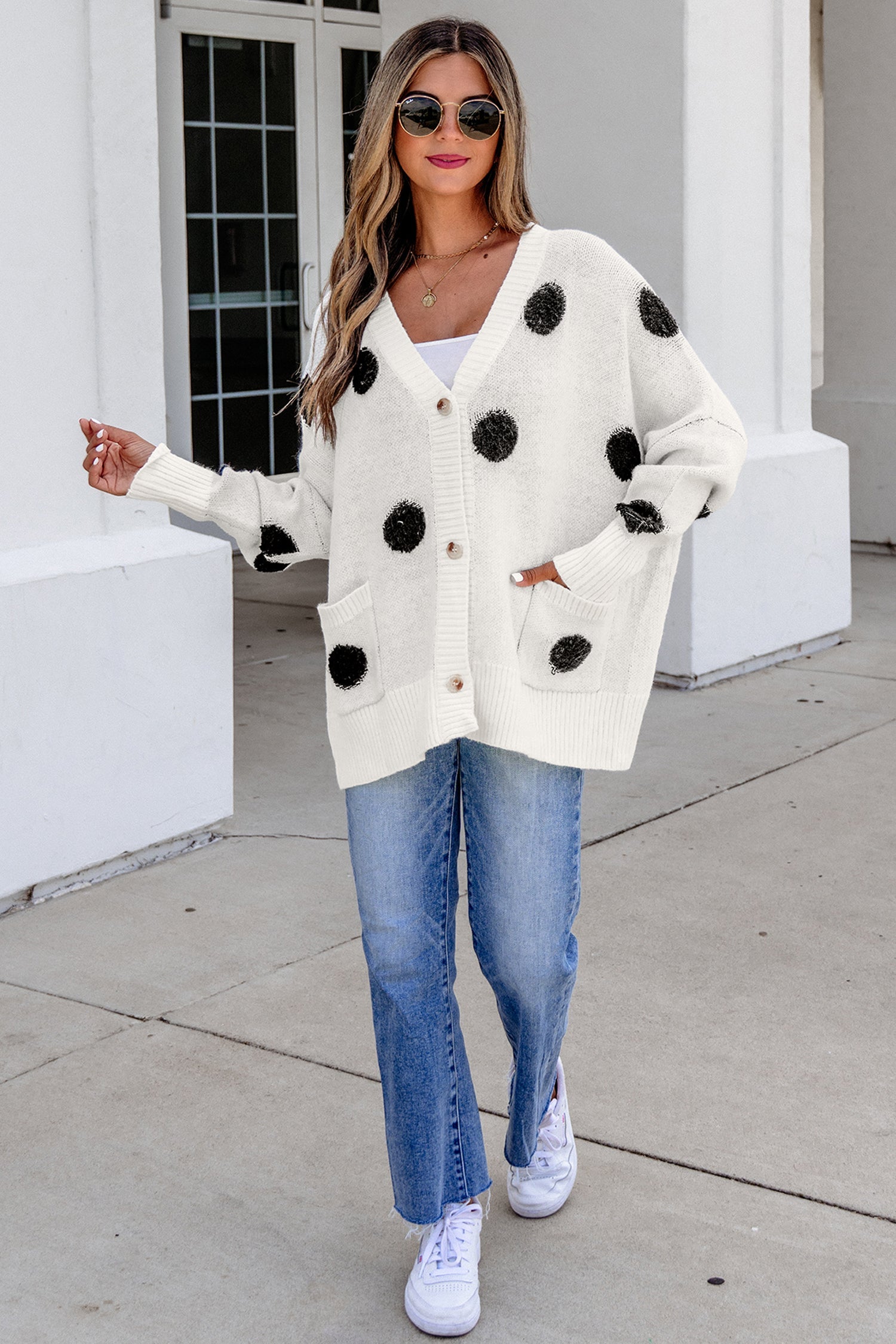 Front Polka-Dot Button Roomy V-Neck Cardigan in Beige