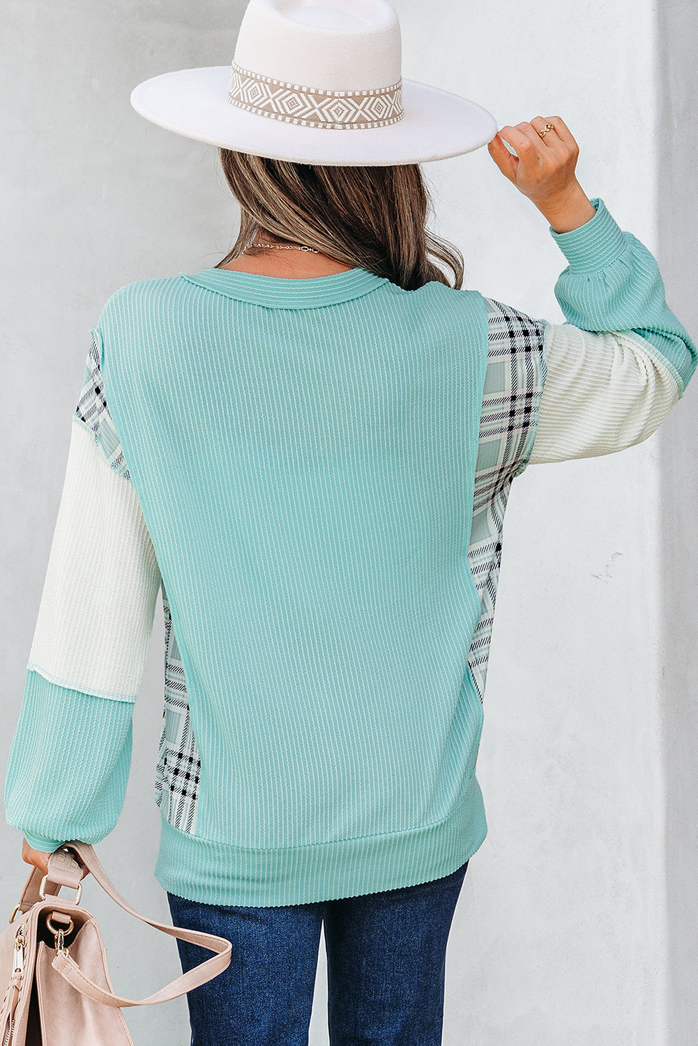 Aruba Blue Colorblock Patchwork Split Neck Long-Sleeved Top