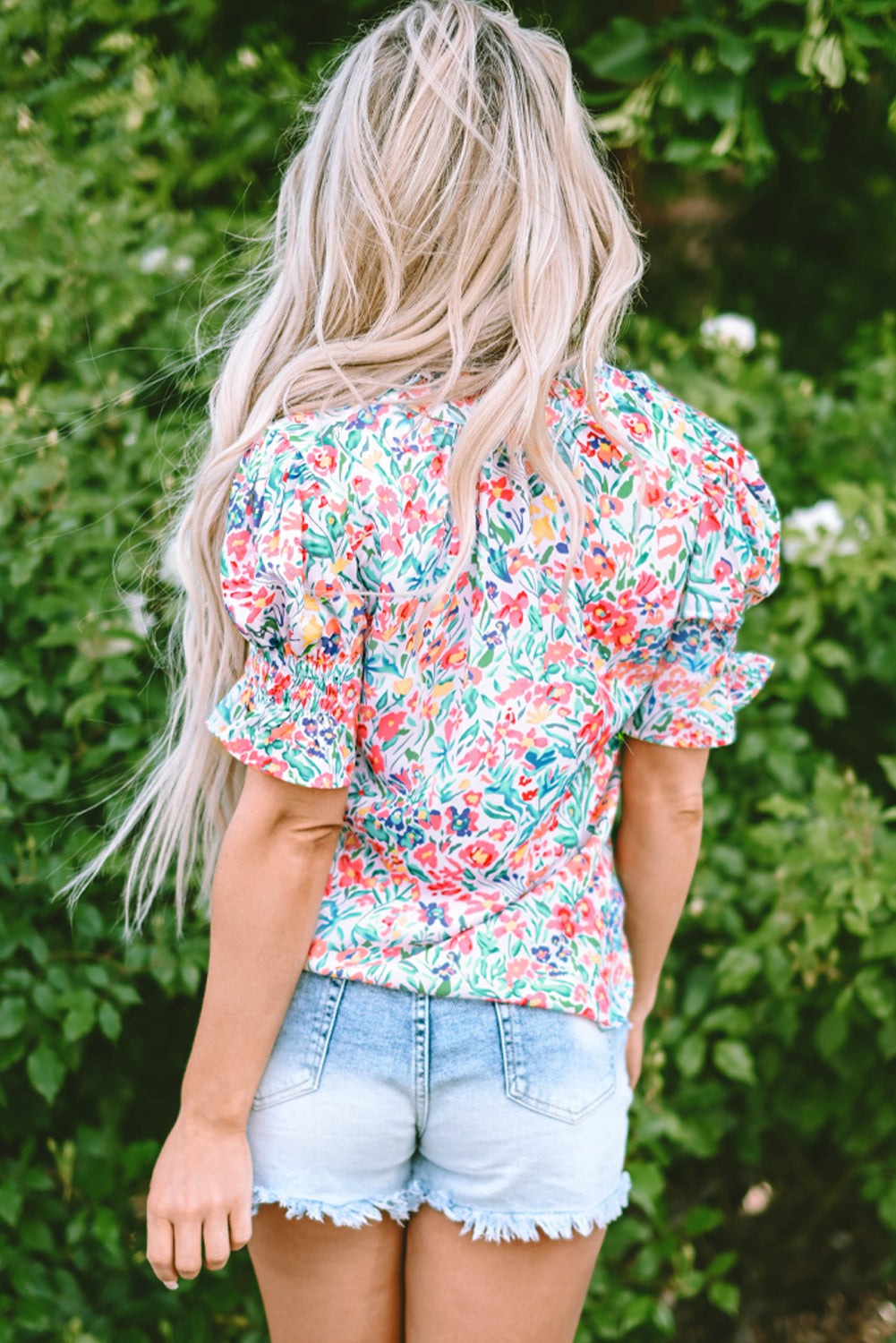 Women's Floral-Print Print Split Neck Balloon Sleeve Blouse