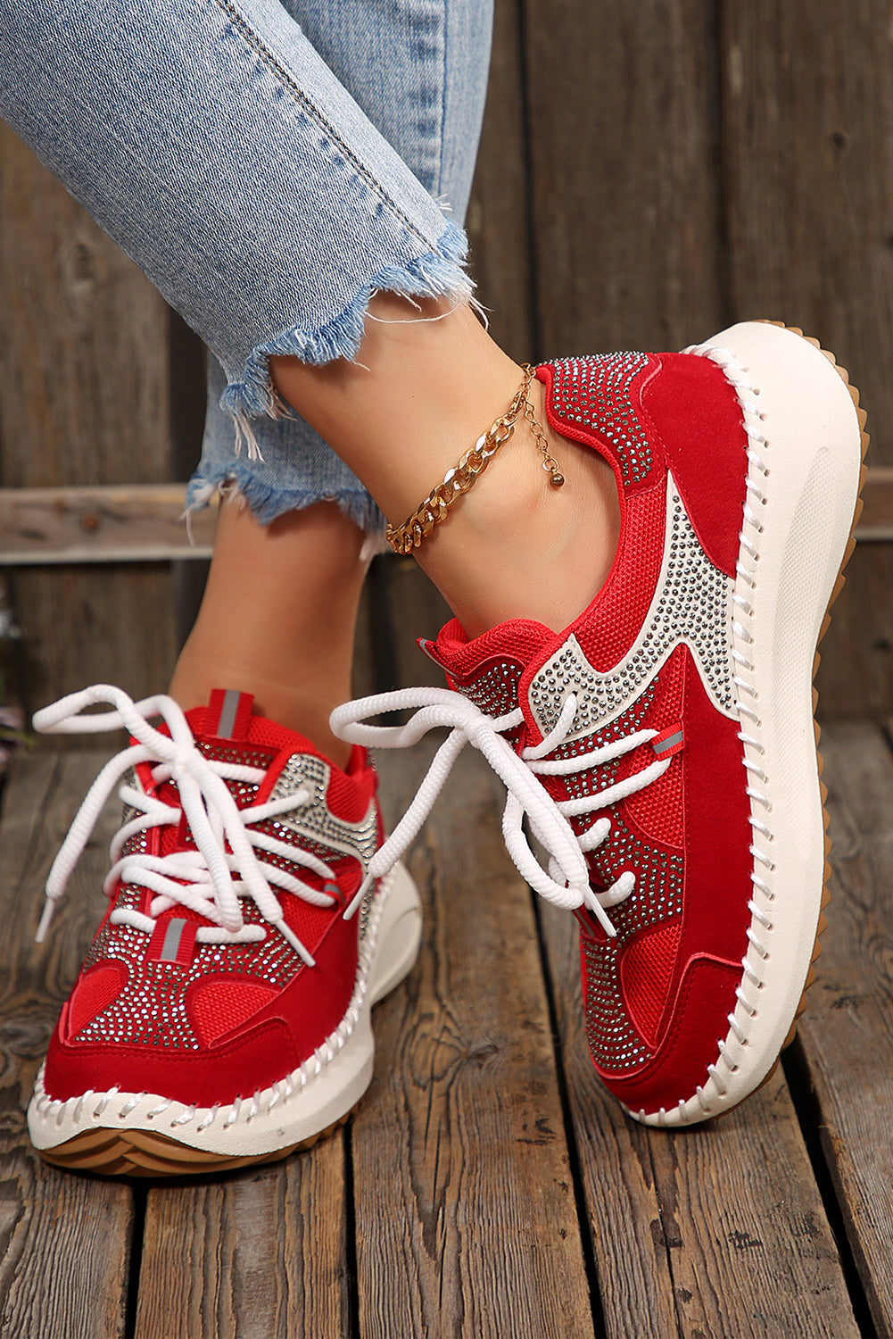 Embellished Colorblock Rhinestone Colorblock Patchwork Lace-up Breathable Sneakers Style