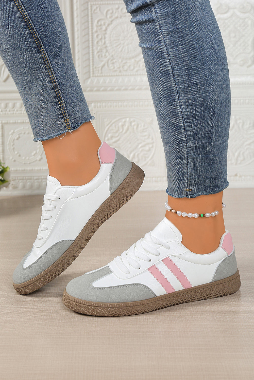 Leather Colorblock PU Patchwork Lace Up Flat Shoes in Pink