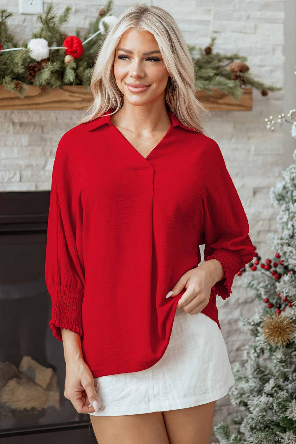 Shirred V-Neck Collared 3/4 Sleeve Roomy Tunic Top