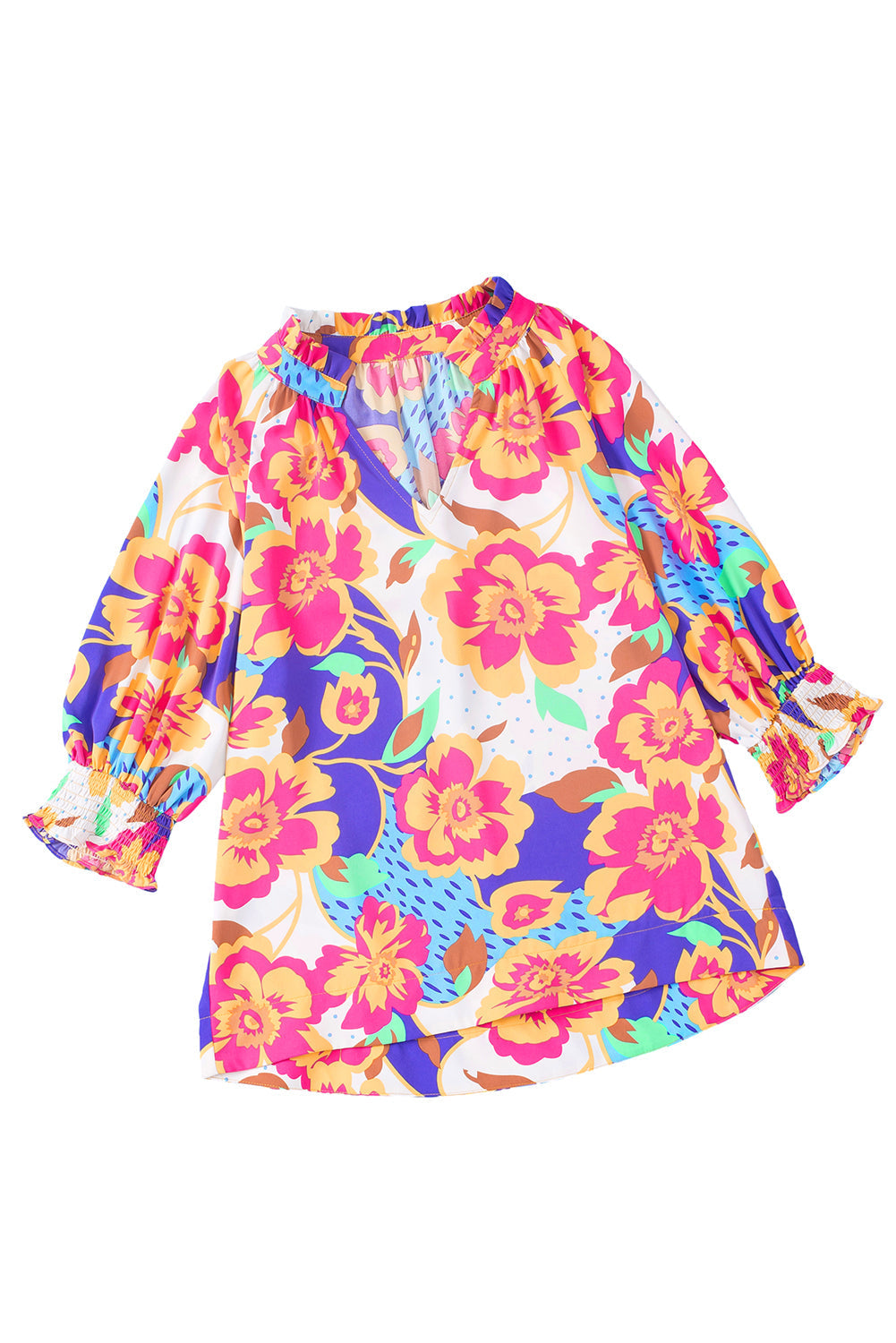 Women's Blouse with Floral-Print Split Neck Frill-Trimmed