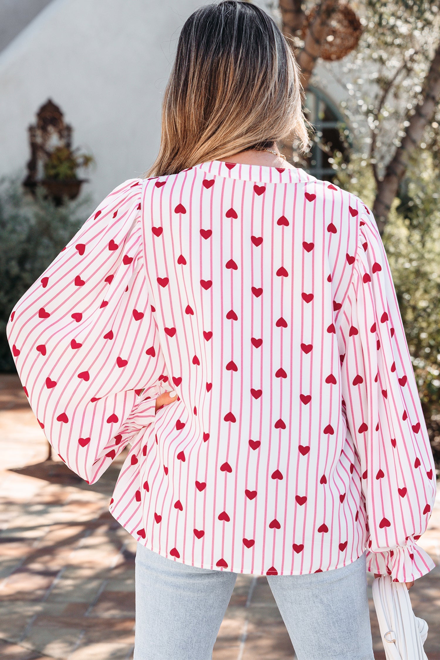 Stripe Long Heart Print Flounce Sleeve Shirt in Pink