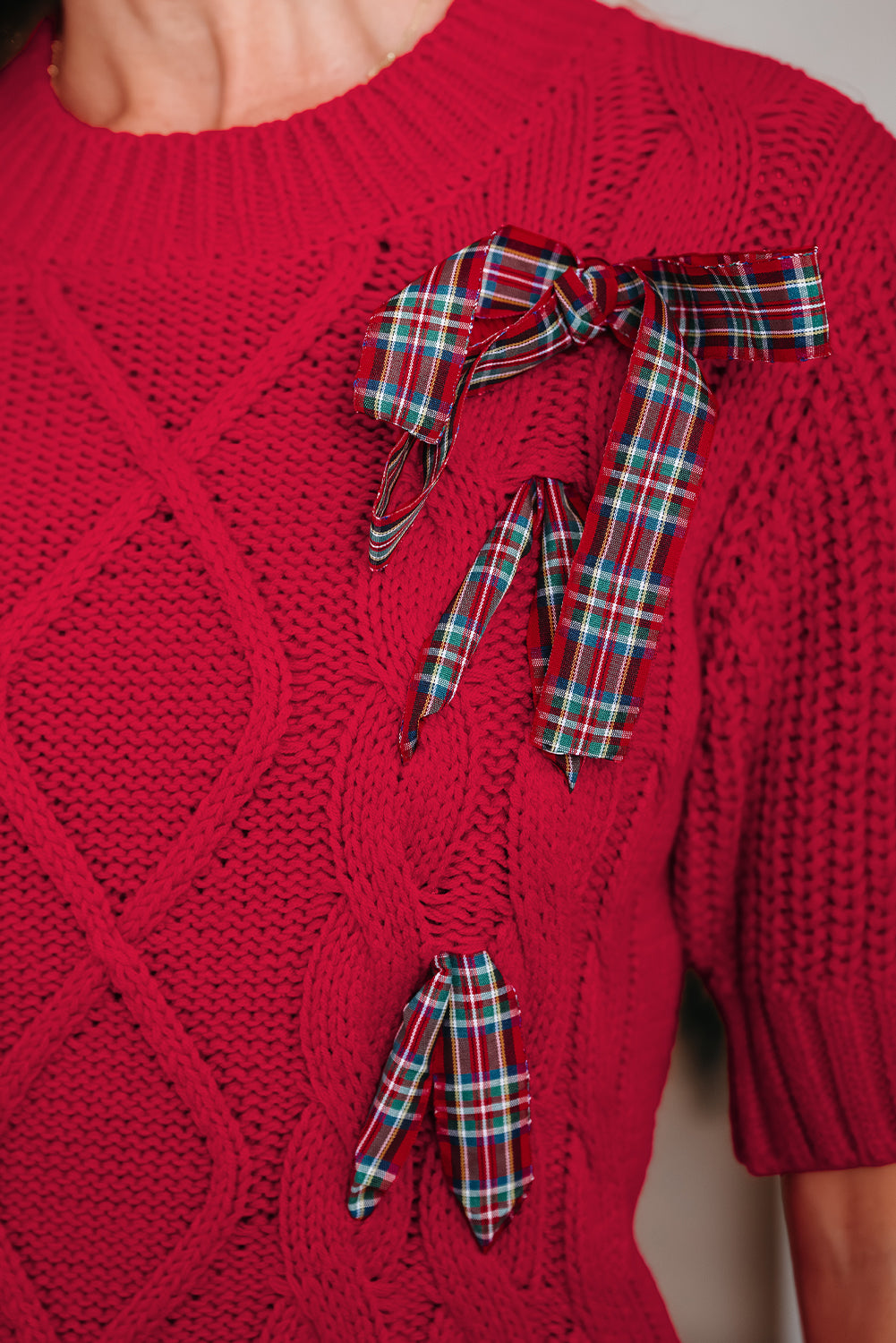 up Plaid Lace Detail Christmas Holiday Puff Short-Sleeved Knit Top