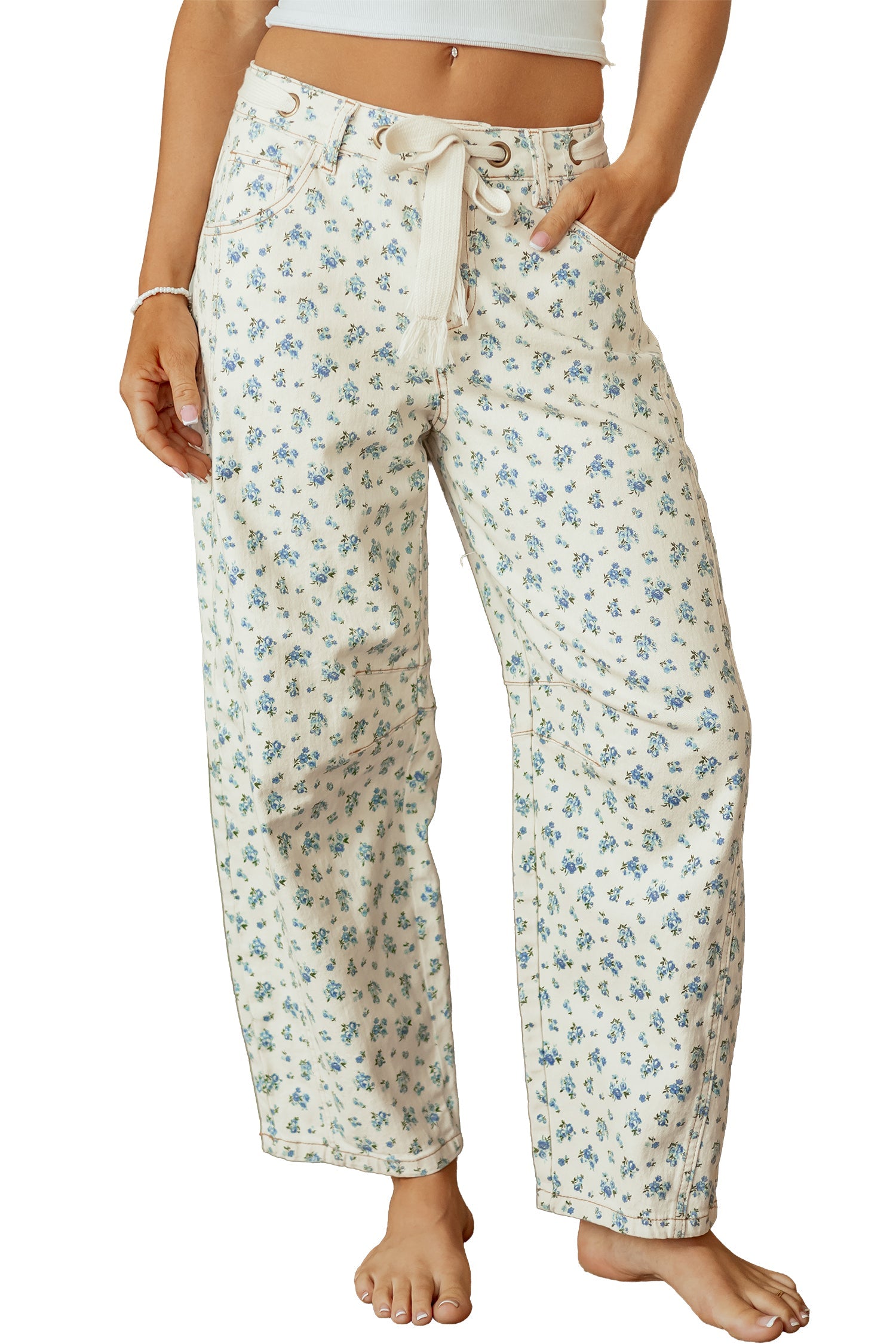 Grommet Knot Waist Floral Barrel Leg Jeans in Beige