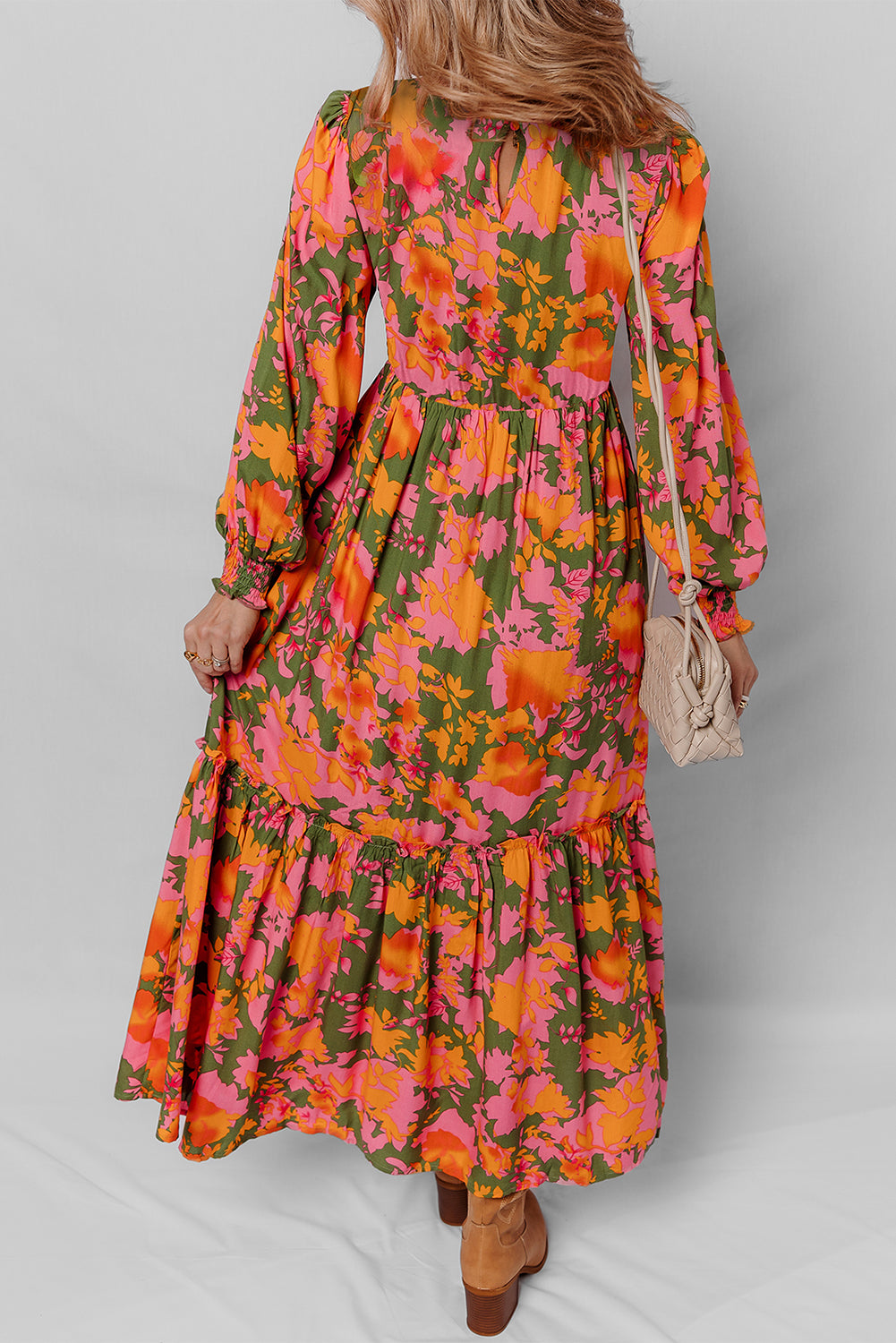 Sleeve Floral Puff Smocked Bodice Ruffled Long Dress