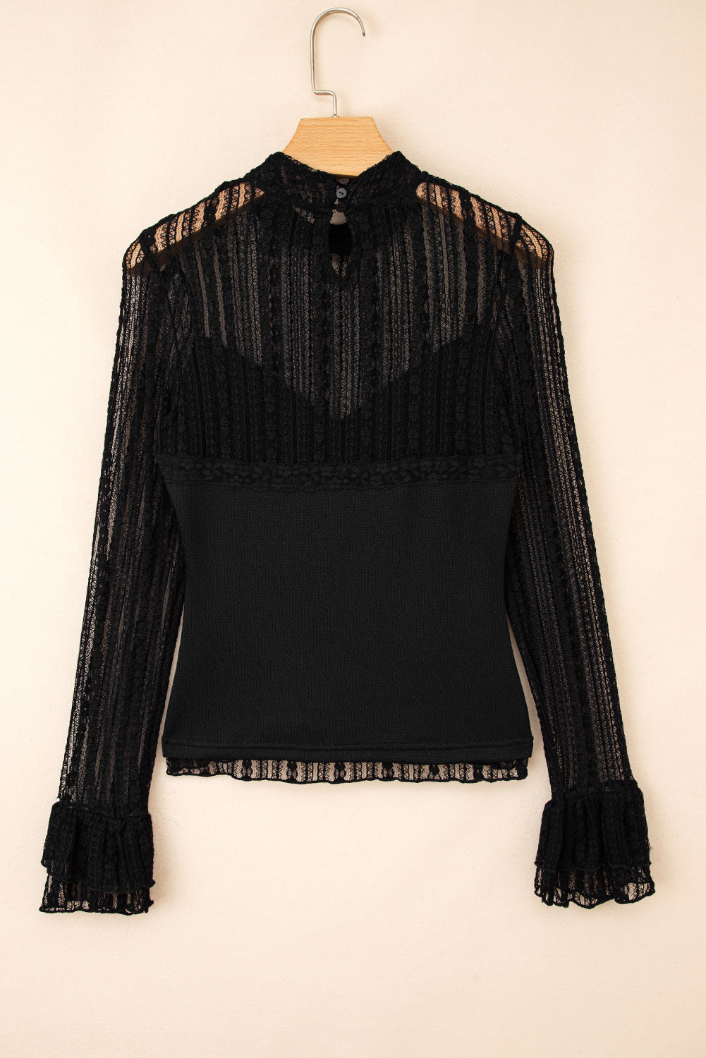 Flounce Lace Patchwork Sleeve Slim Fit Top in Black
