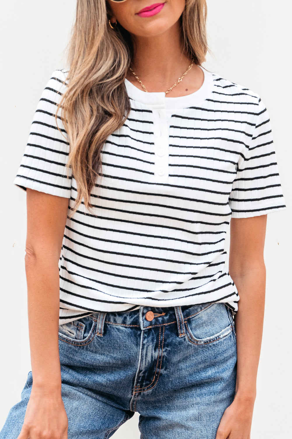 Textured Short Sleeve Buttoned Henley Top