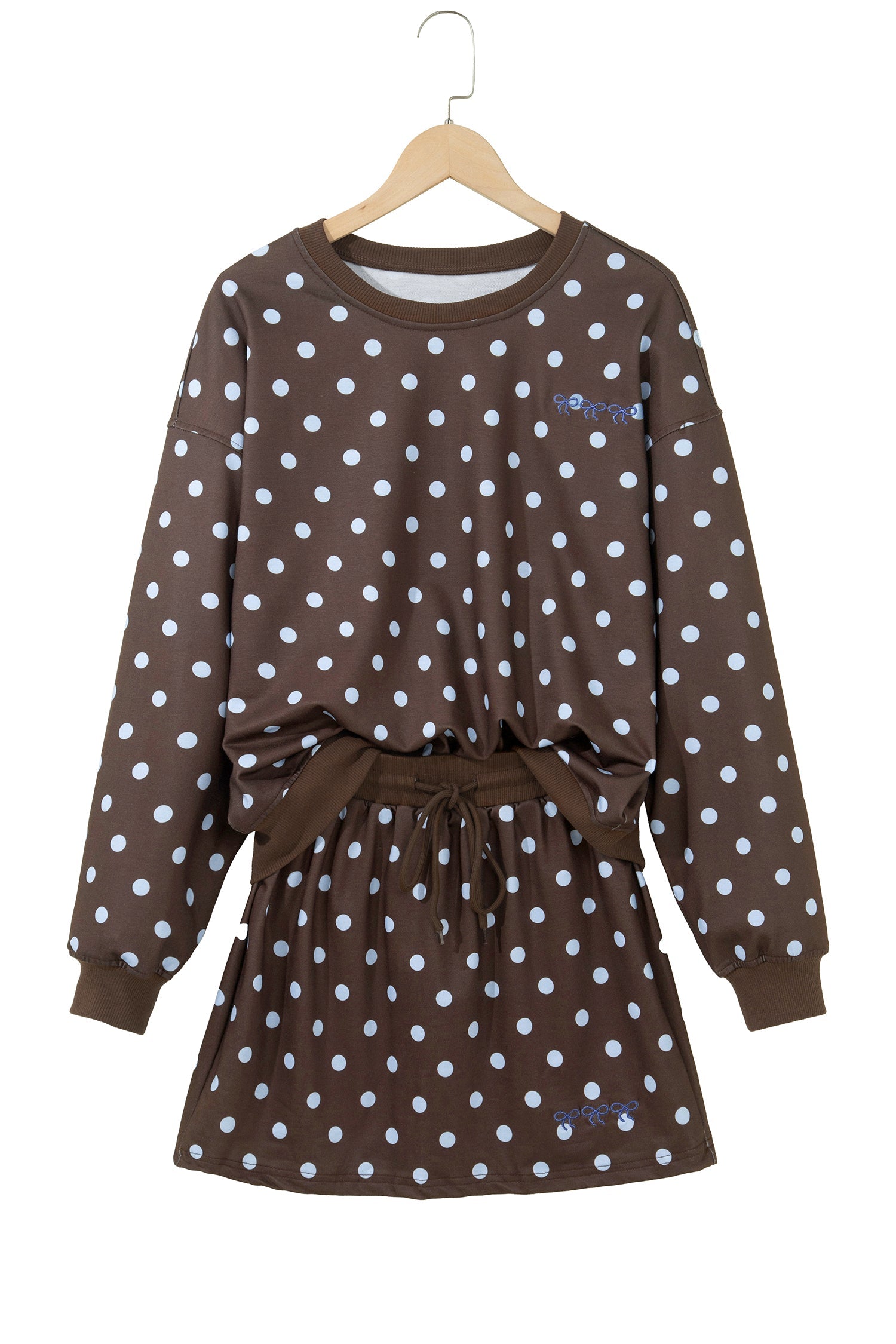 Pullover Embroidered Polka-Dot Embroidered Bow Detail 2pcs Skort Set in Brown