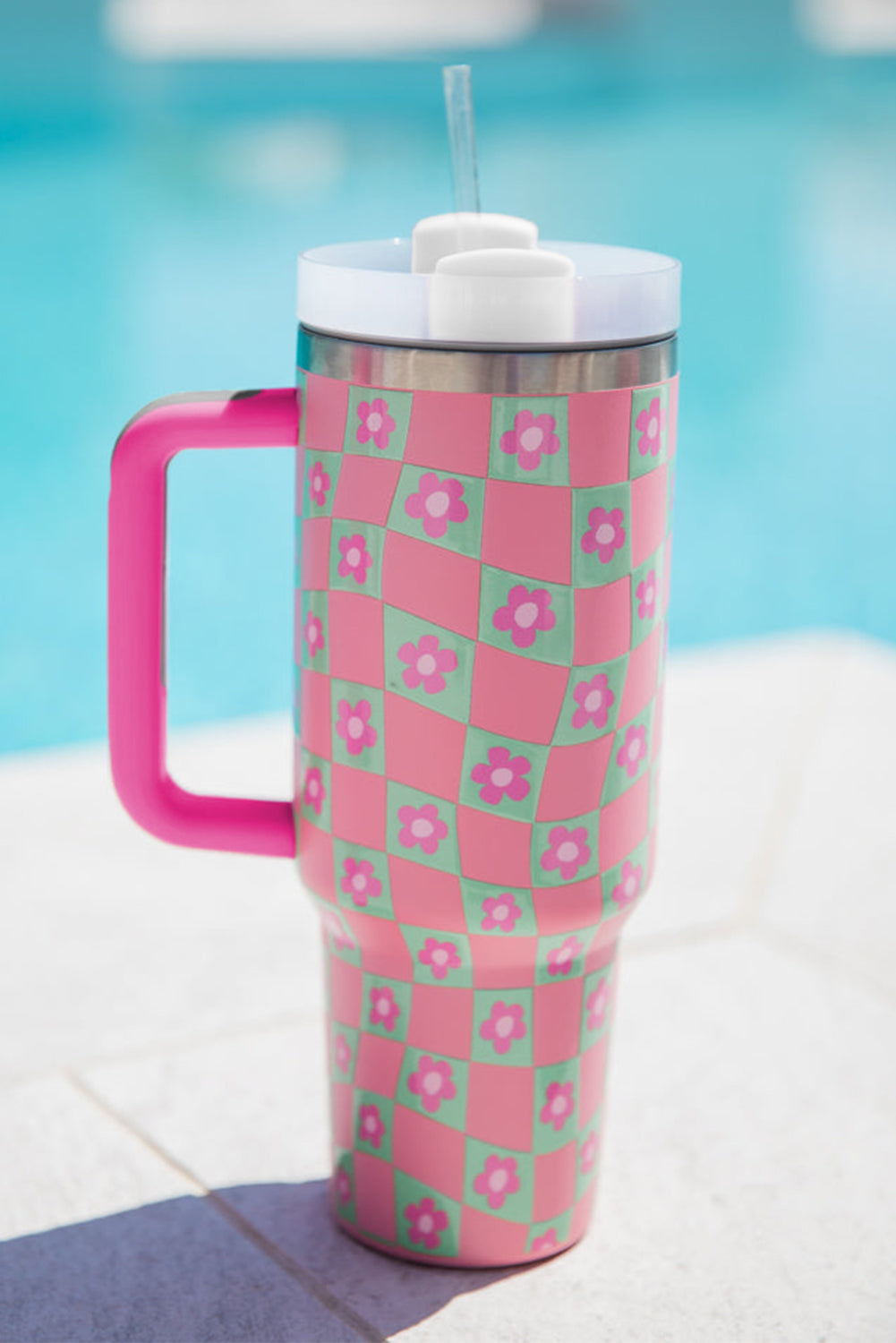 Flower Checkered Pattern Cup with Straw 40oz