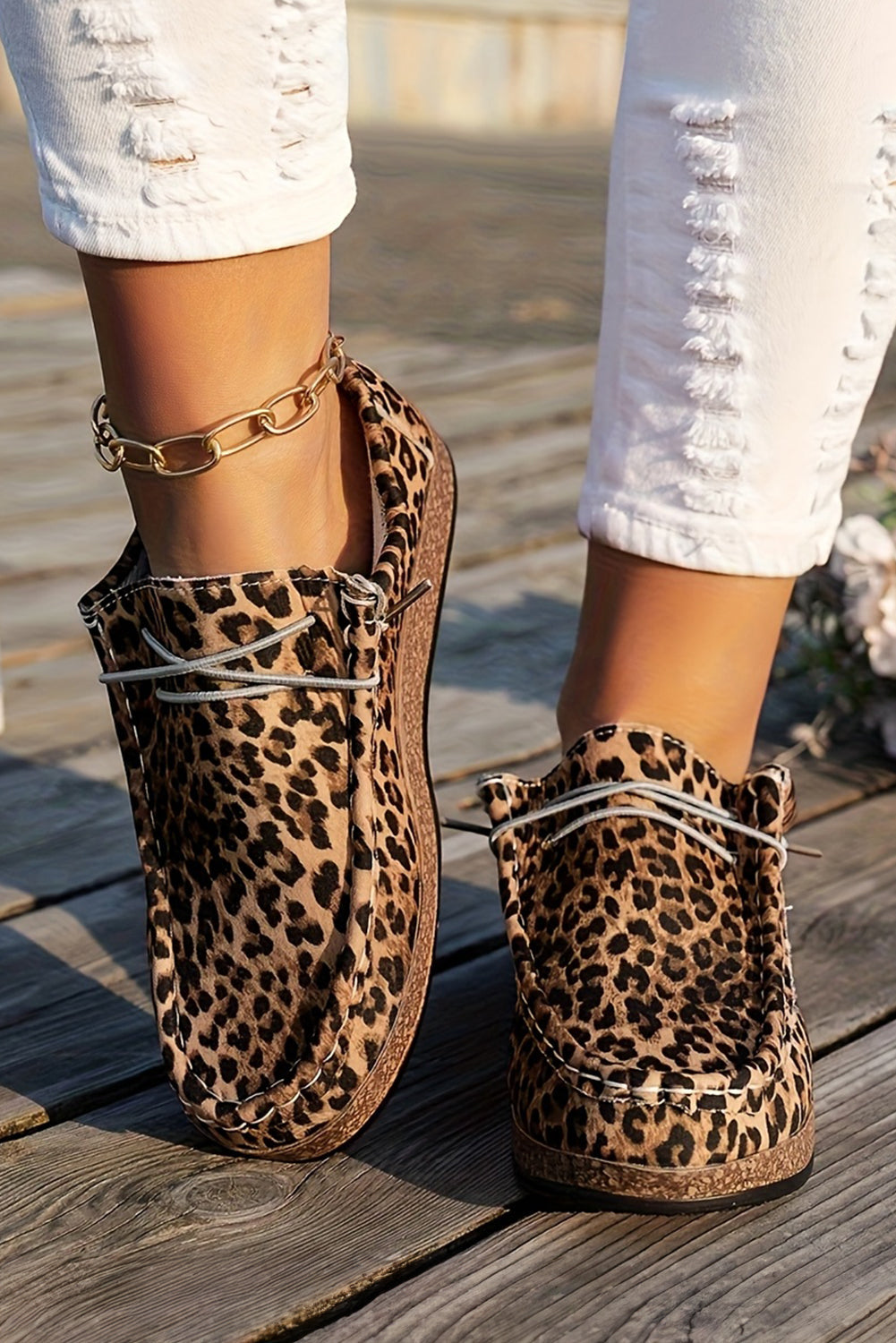 Leopard Lace-up Faux Suede Decor Slip On Shoes