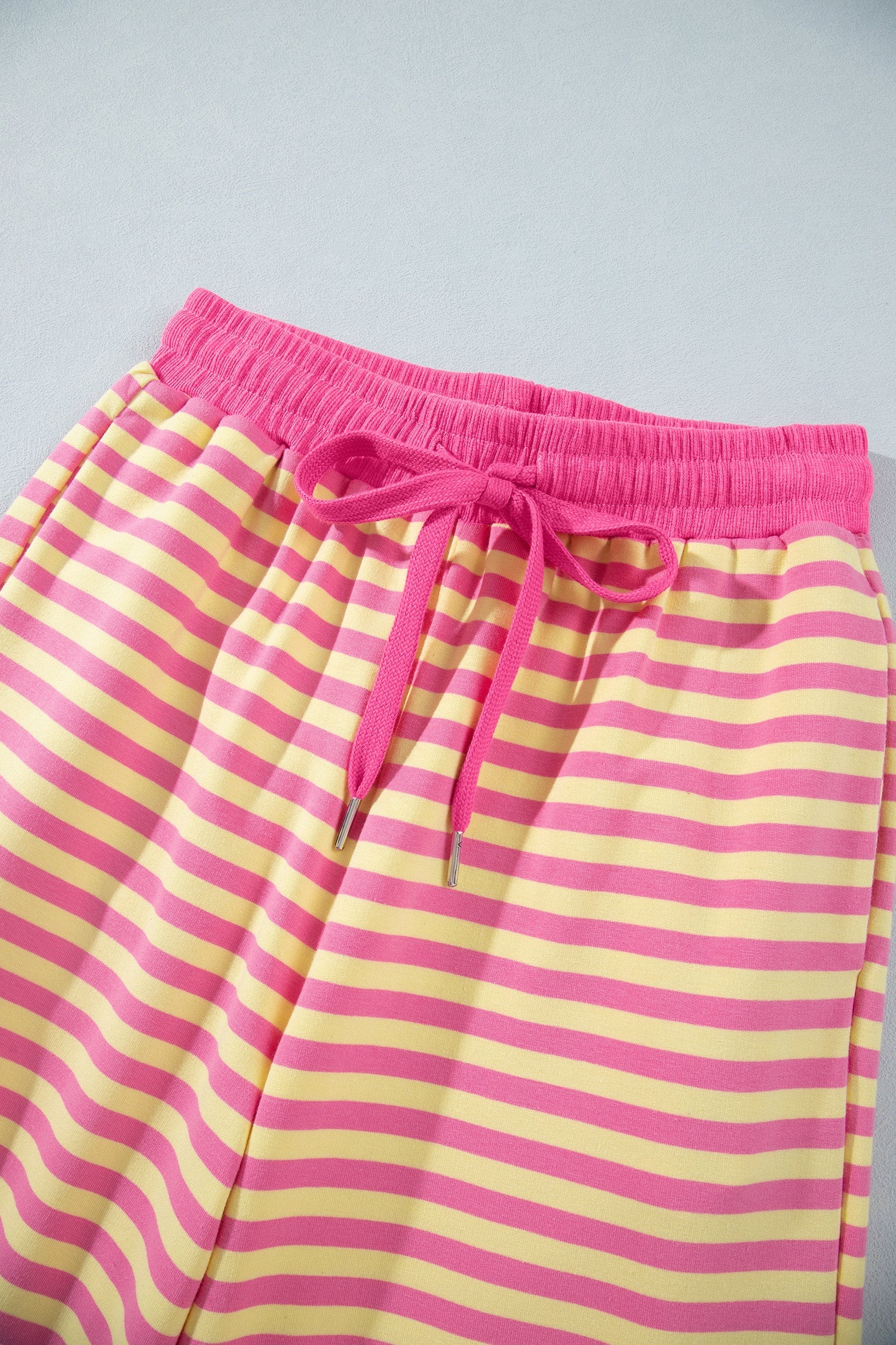 Stripe Colorblock Trim Crew-Neck Loose Tee Drawcord Elastic Waist 2pcs Pant Set in Pink