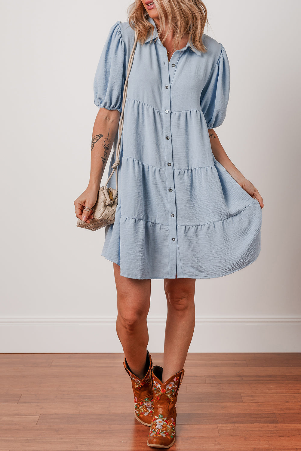 Shirt Collar Button Up Short Puff Sleeve Tiered Shift Dress