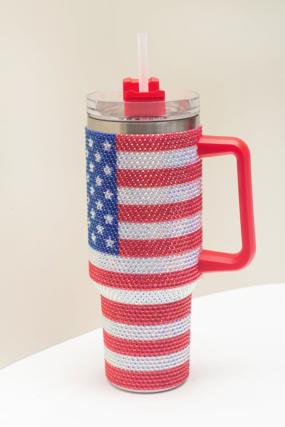 American Flag Rhinestone Flag Print Handled 40oz Thermos Tumbler