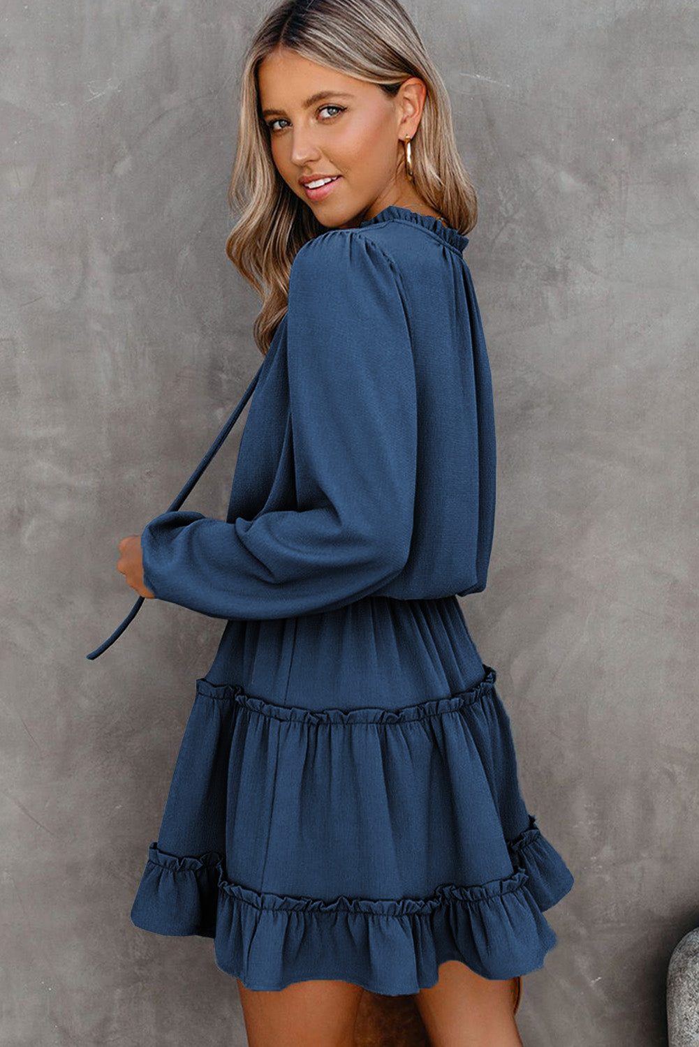 Dark V-Neck Long-Sleeved Ruffle Tiered Mini Dress