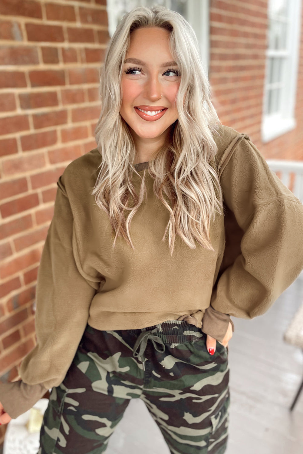 Fuzzy Sherpa Splicing Pullover Sweatshirt with Side Slit