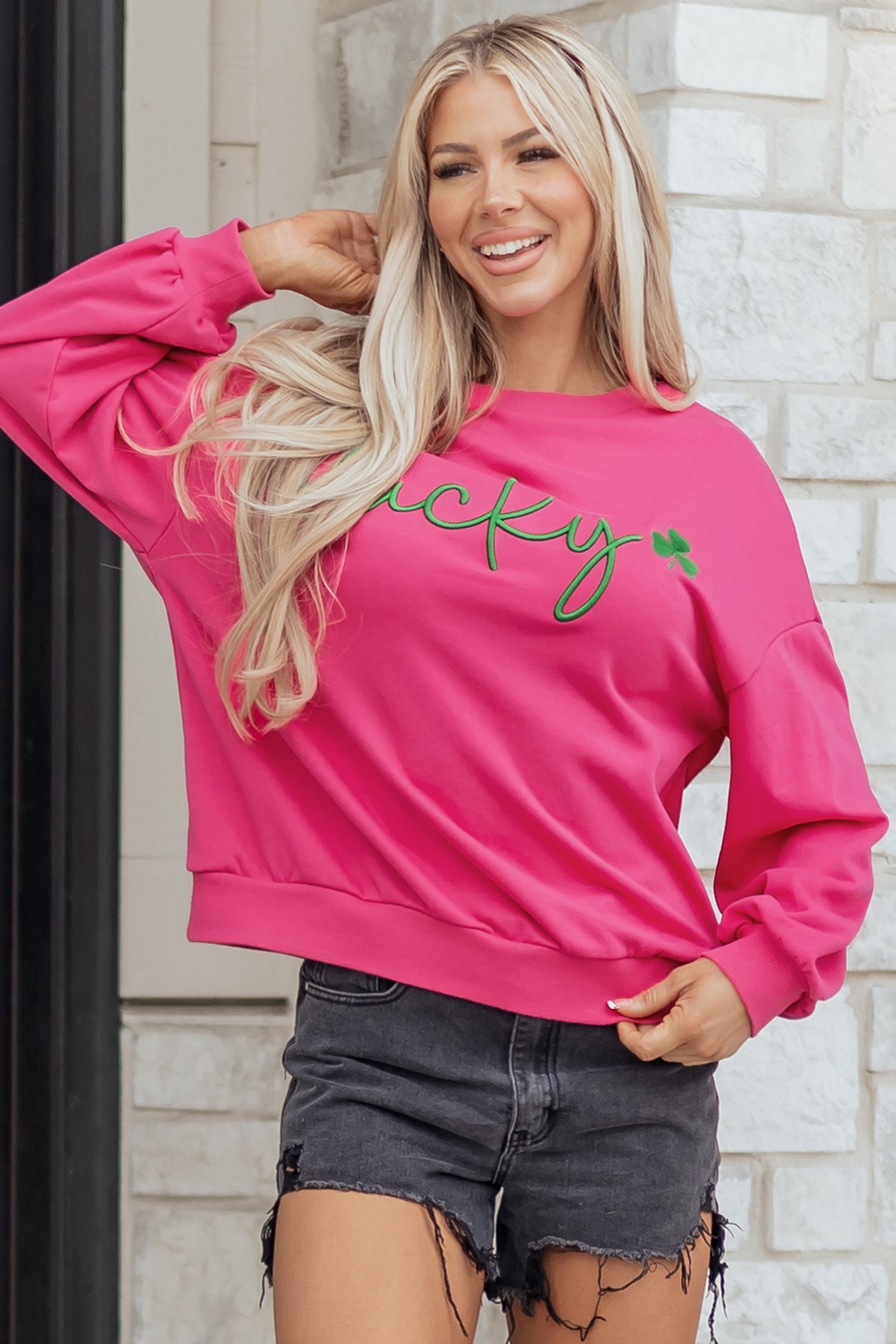 Embroidered Lucky Clover Loose Pullover Sweatshirt in Rose Red