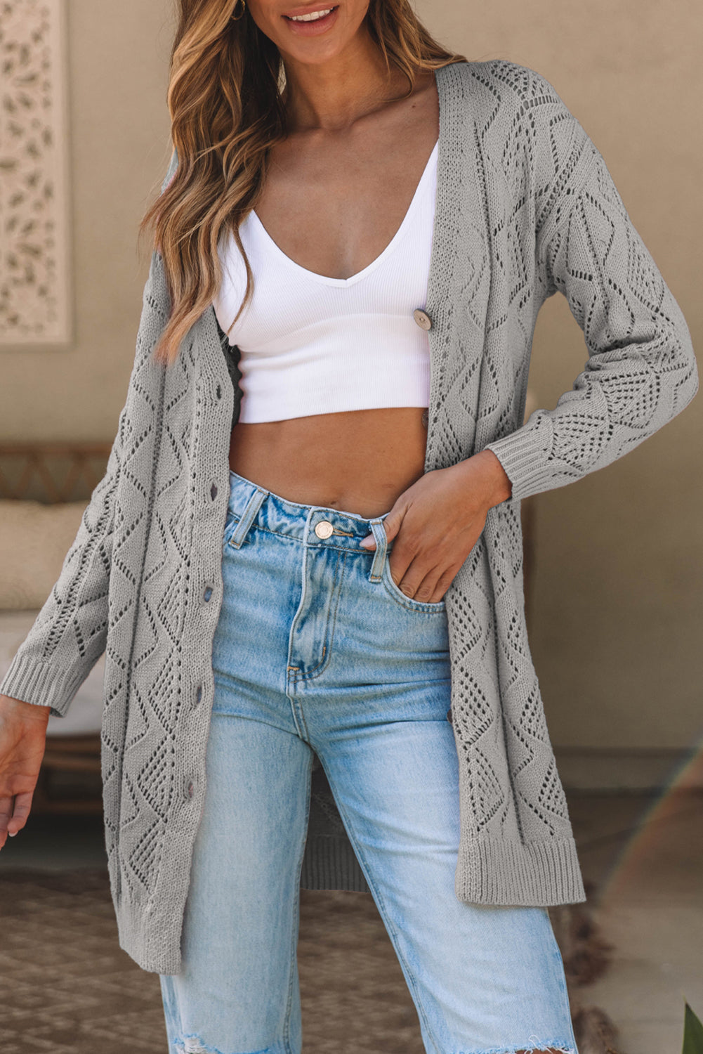 Hollow-out Knit Openwork Cotton Cardigan in Gray