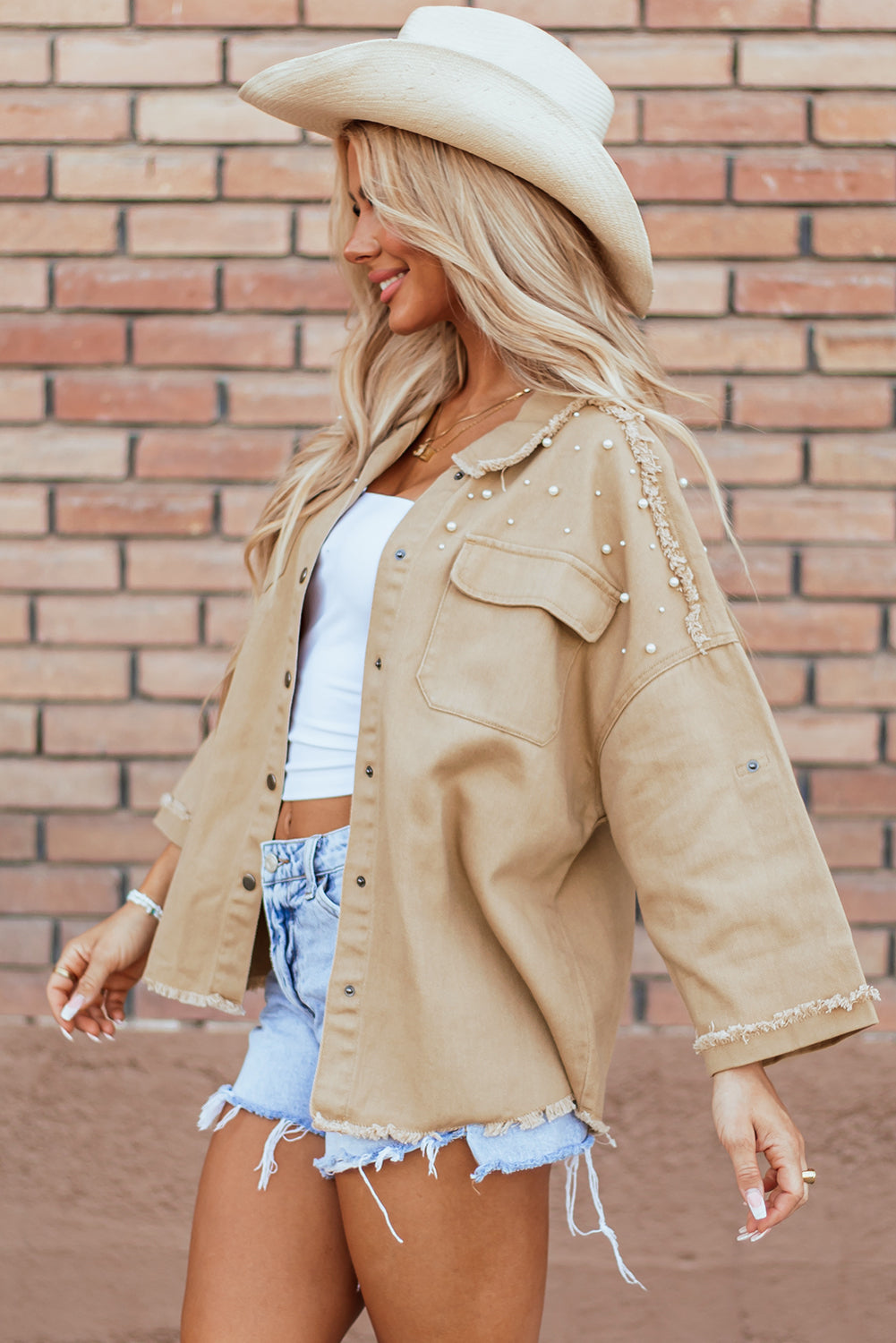 Denim Jacket featuring Beaded Raw Hem Button-Up Pearl